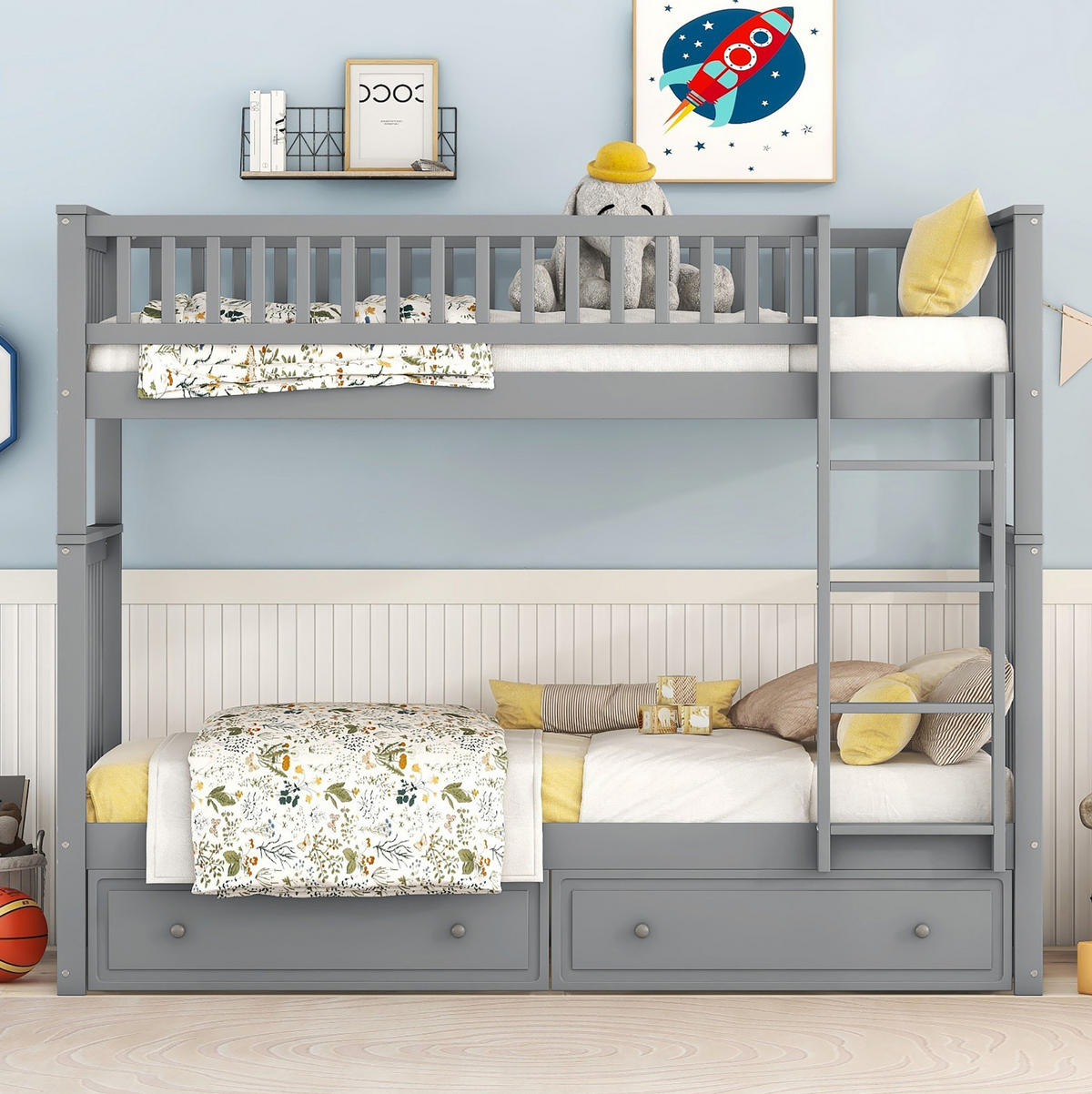 ETAGENBETT, mit 2 Schubladen, umbaubar und platzsparend, 90x200cm, Grau - Grau, Holz (90/200cm) - OKWISH