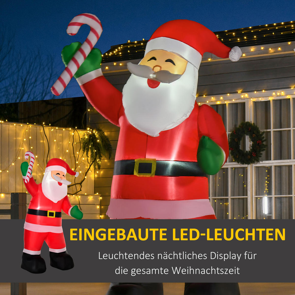 AUFBLASBARER Weihnachtsmann mit Zuckerstange 250 cm Santa Claus Geschenk LED - Multicolor, Kunststoff (85/250/140cm) - HOMCOM