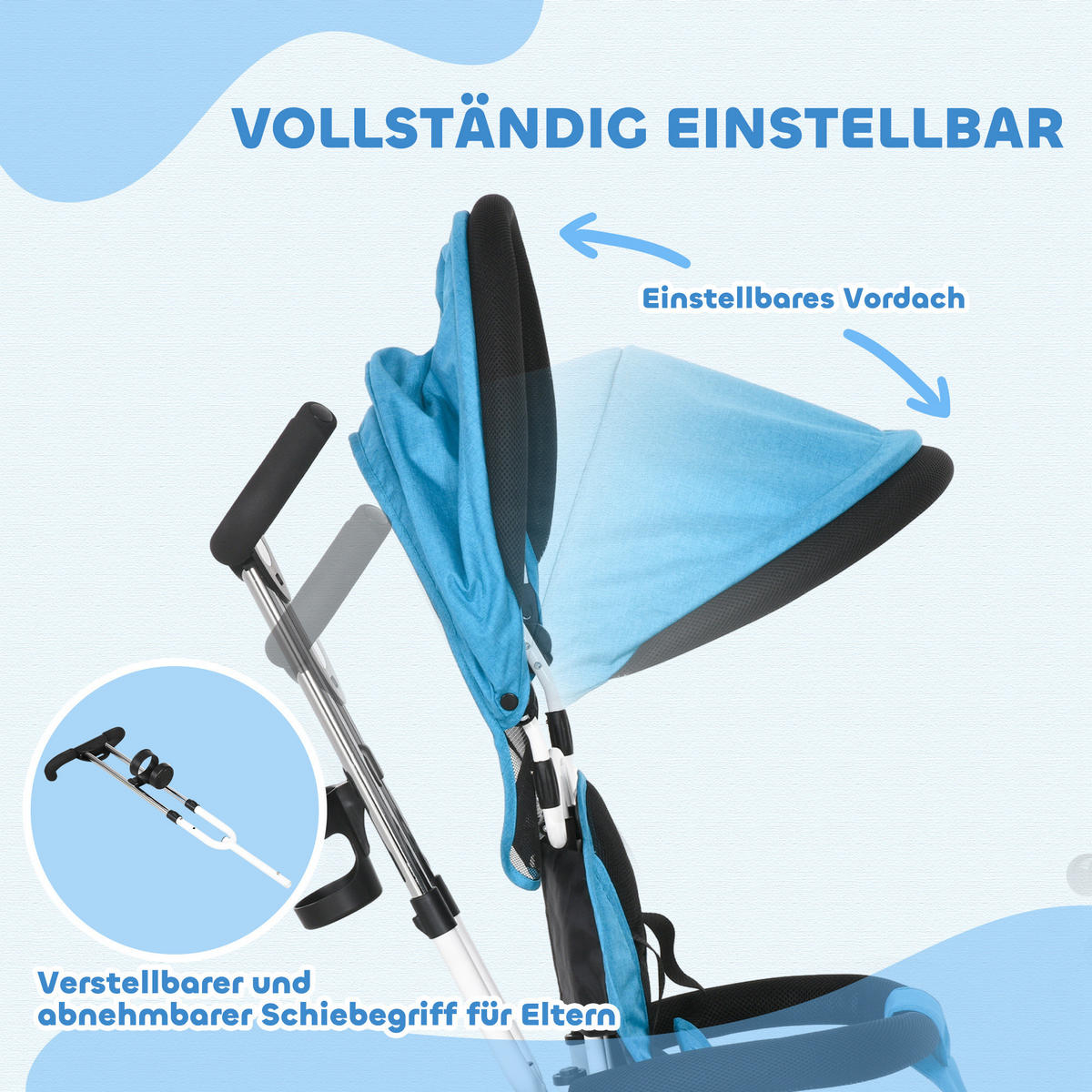 6-IN-1 Dreirad mit Schubstange, Kinderdreirad mit abnehmbarem Sonnendach Blau - Blau, Metall (95/50/106cm) - HOMCOM