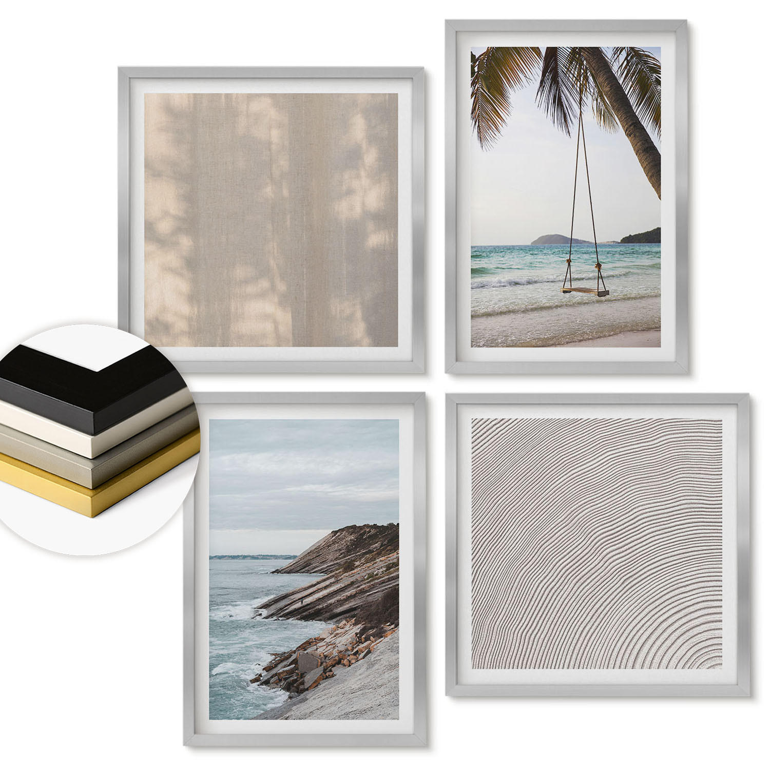 WANDBILDER 4er Set - 50x50 cm & 40x60 cm Silberner Rahmen - Sommerlicher Sandstrand mit Meerblick - Silberfarben, Kunststoff (50/50cm) - ArtPrintCave