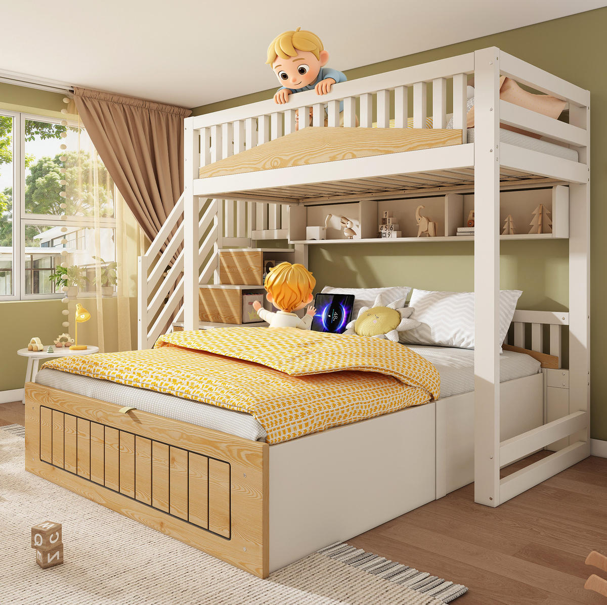 ETAGENBETT aus Holzwerkstoff 90x200 und 140x200 cm Weiß/Natur mit Stauraumtreppe und USB-C - Weiß, Holzwerkstoff (90/200cm) - IVMEU