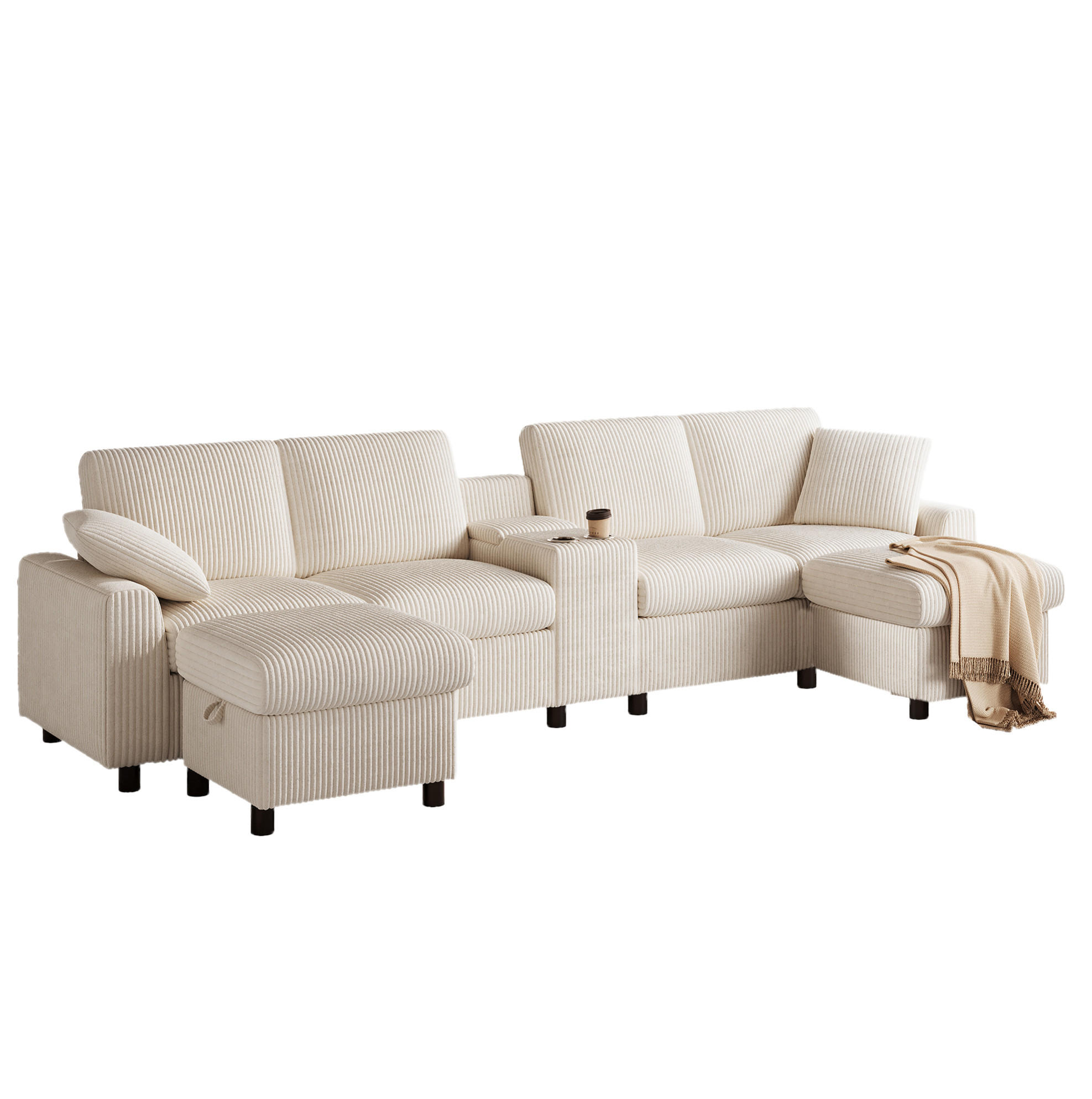 2-SITZER aus Corduroy 315x135x81 cm Beige mit Hockern, Stauraum, Tisch und Ladefunktion - Beige, Textil (135/81/315cm) - Modfu