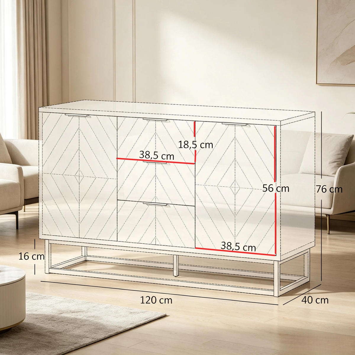 SIDEBOARD in Weiß und Gold 120x40x76 cm mit 2 Türen und 3 Schubladen - Weiß, Holzwerkstoff (40/76/120cm) - IVMEU