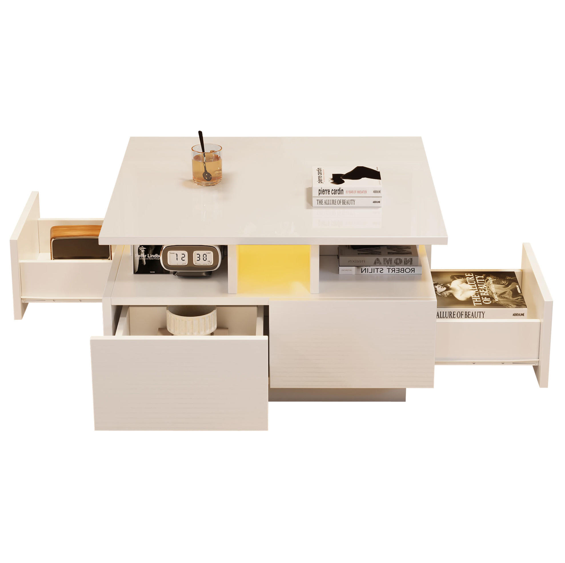 COUCHTISCH Weiß Hochglanz, 4 Schubladen, 3‑schichtiges Stauraumdesign mit LED (App‑Steuerung), 70/70/40 cm,Weiß - Weiß, Holzwerkstoff (70/70/40cm) - Redom