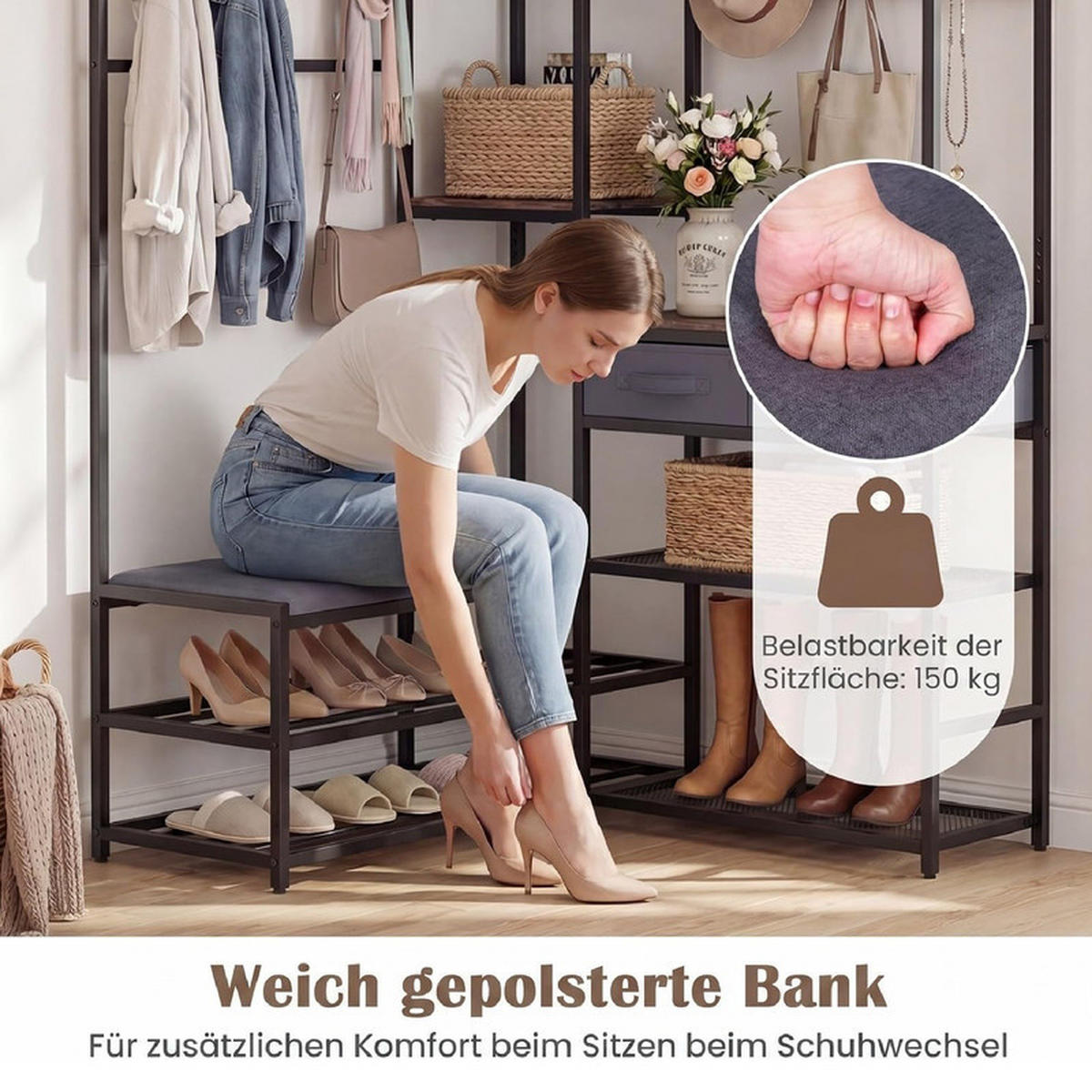 GARDEROBENSTÄNDER mit gepolsterter Sitzbank schwarz - Schwarz, Metall (107/152/99cm) - COSTWAY