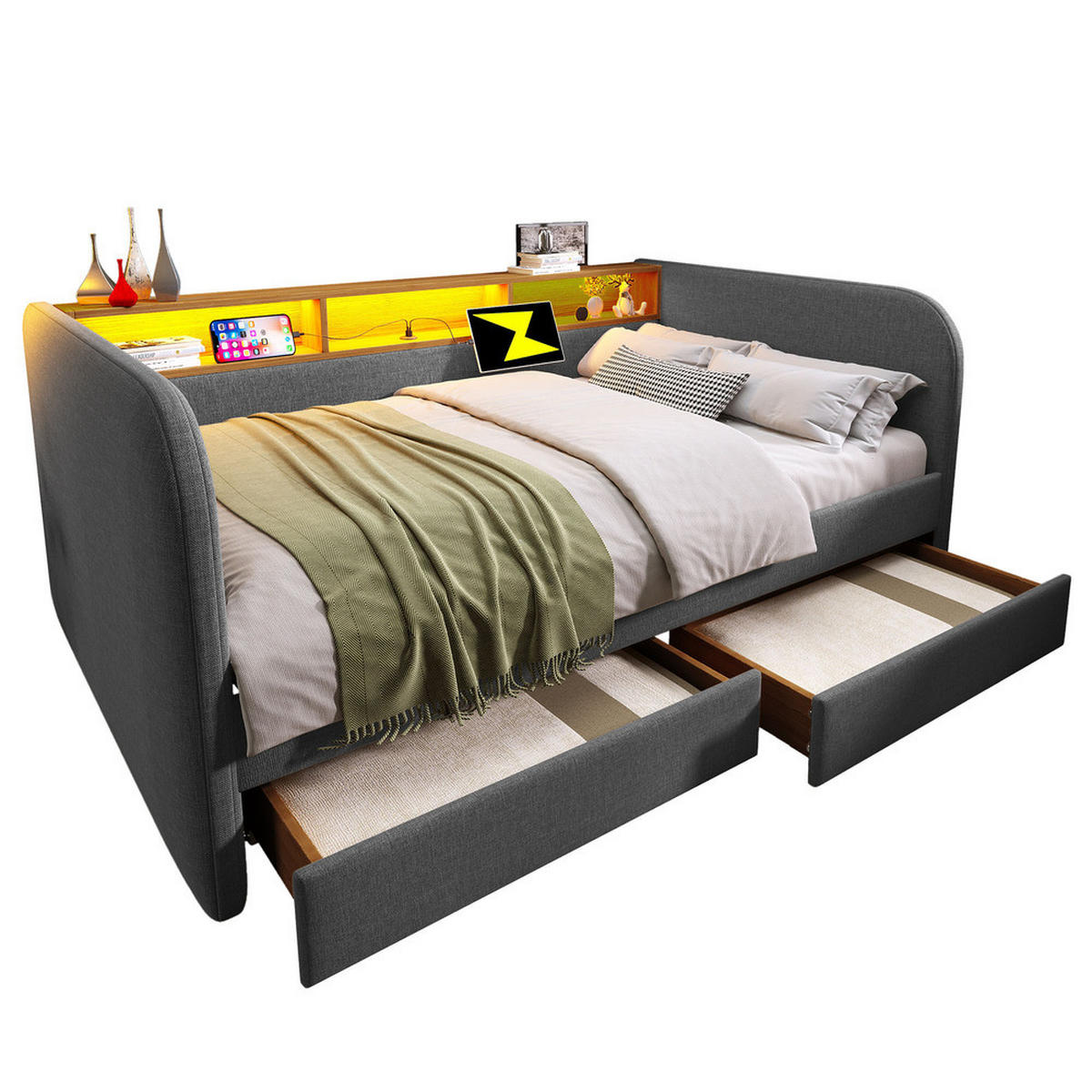 TAGESBETT 140x190cm Schlafsofa mit LED & USB-C 2 Schubladen Grau - Grau, Holz (140/190cm) - FLIEKS