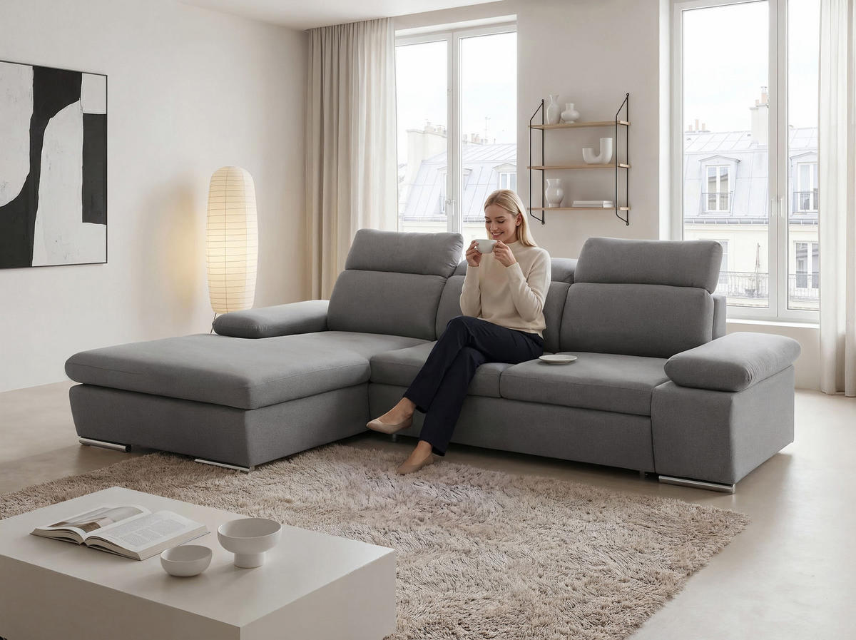 ECKSOFA PABLO mit Schlaffunktion und Bettkasten Grau - Grau, Holzwerkstoff/Kunststoff (250/90cm) - Idohome