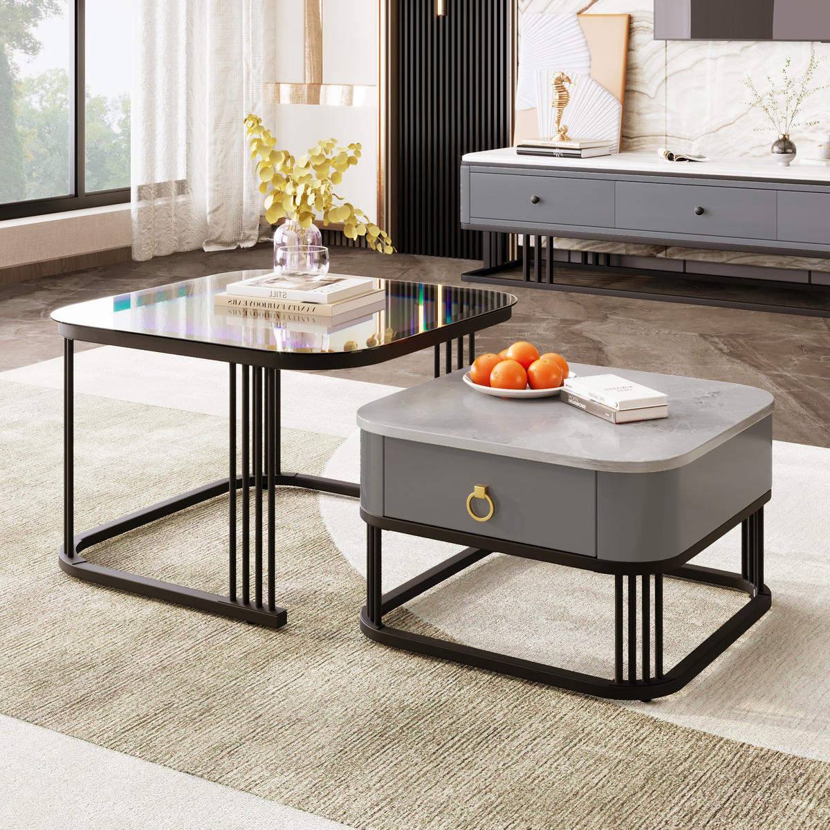 COUCHTISCH 2er Set Marmoroptik schwarz - Schwarz, Holz (60/60/42cm) - Fortuna Lai