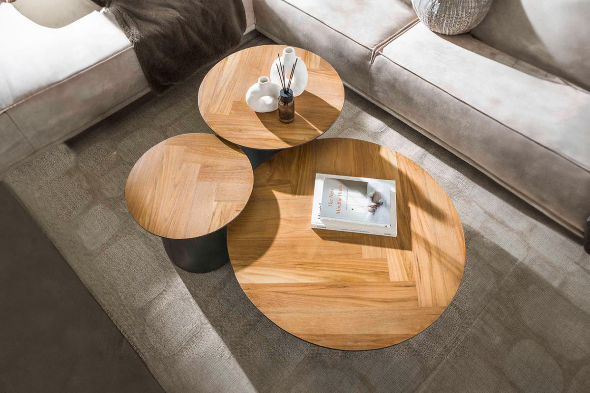 COUCHTISCH-SET LUJAN Braun Teakholz - Schwarz/Braun, Holz/Metall (80/80/35cm) - KAWOLA