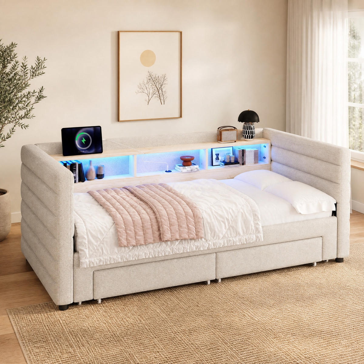POLSTERBETT 90/190 mit Ausziehbett, LED, USB, Type-C und 2 Schubladen in Beige - Beige, Holzwerkstoff/Textil (90/190cm) - EVRYAE