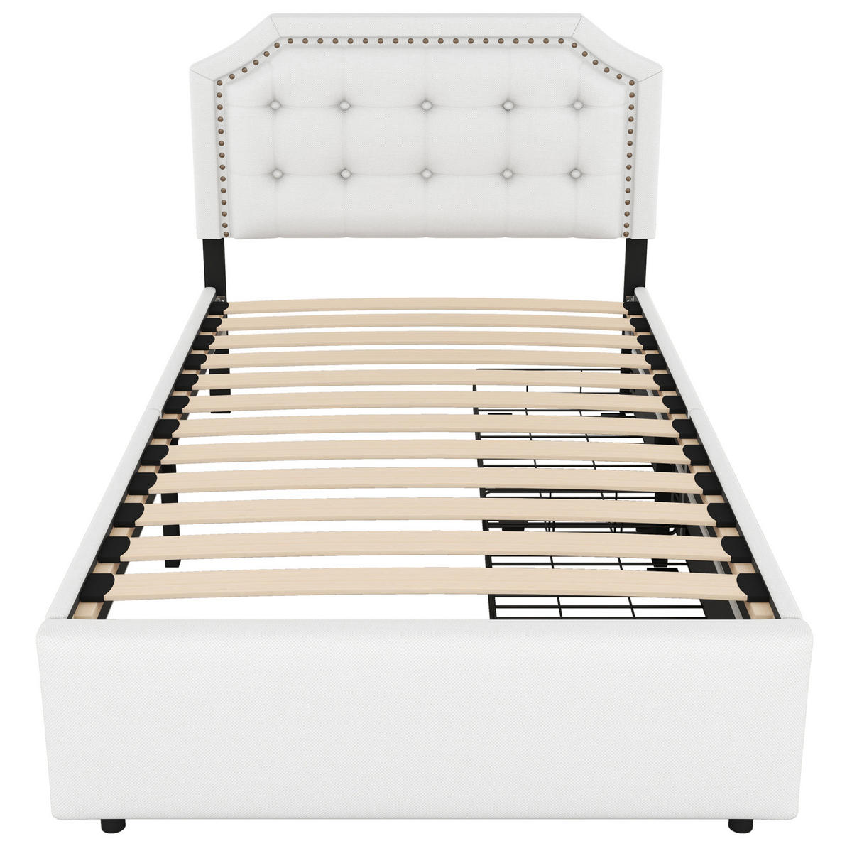 POLSTERBETT 90/200 cm mit 2 Schubladen, verstellbarem Kopfteil und Ziernieten, MDF & Leinen, Hellbeige - Ecru, Holzwerkstoff (90/200cm) - Redom