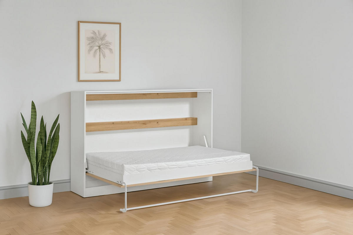 SCHRANKBETT Perfekt 120x200 Ein Horizontales Vereint Mit Matratze Eiche + Weiß - Eichefarben/Weiß, Holz (120/200cm) - Kaiser Möbel