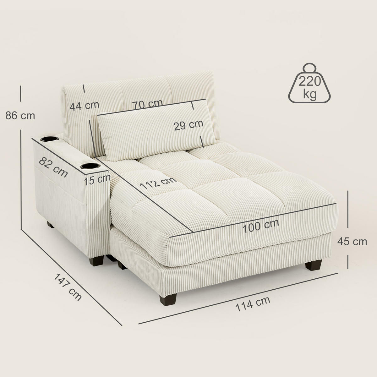 SCHLAFSESSEL Creme 147.0/114.0/86.0 cm - Creme, Textil (114/86/147cm)
