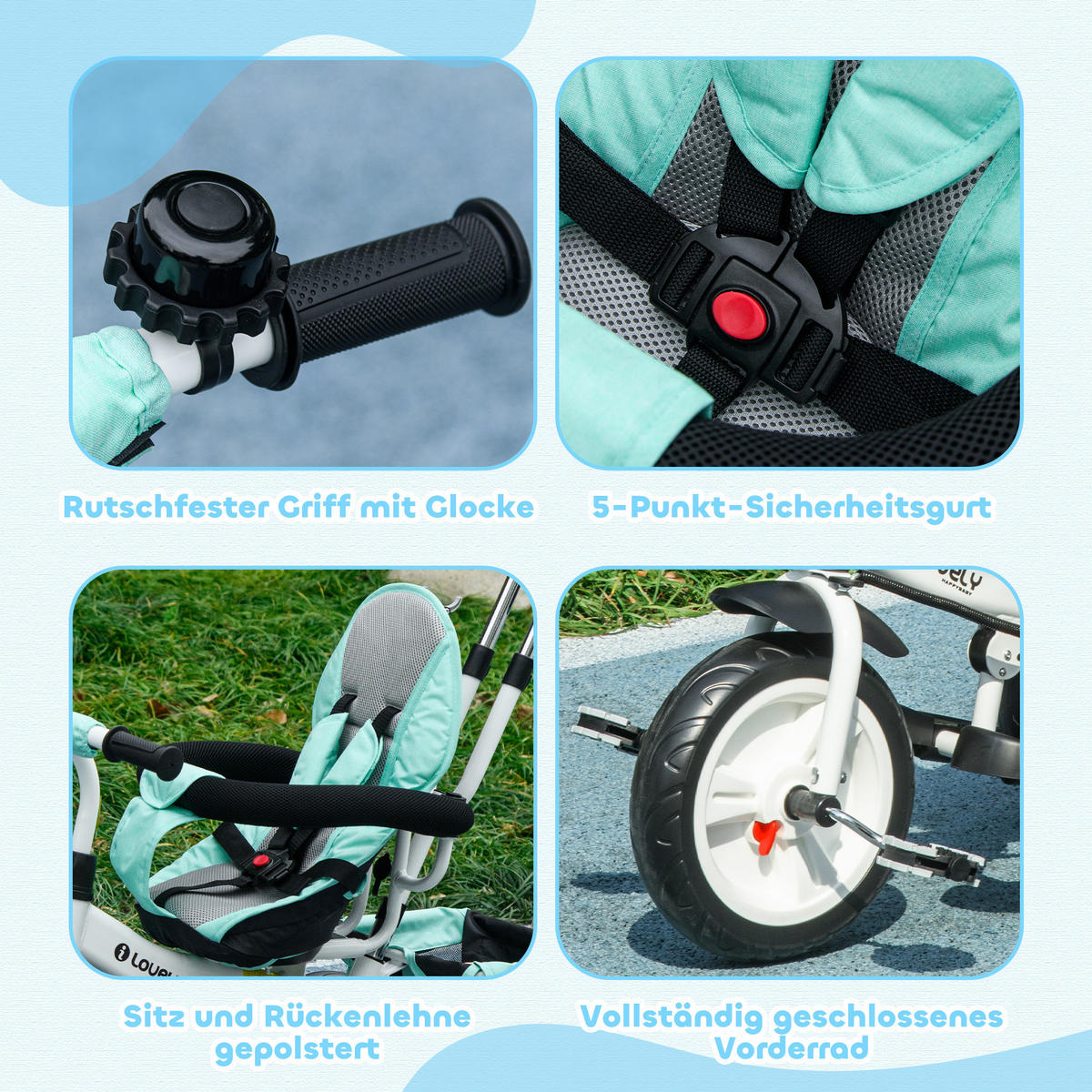 6-IN-1 Dreirad mit Schubstange, Kinderdreirad mit abnehmbarem Sonnendach Grün - Grün, Metall (95/50/106cm) - HOMCOM
