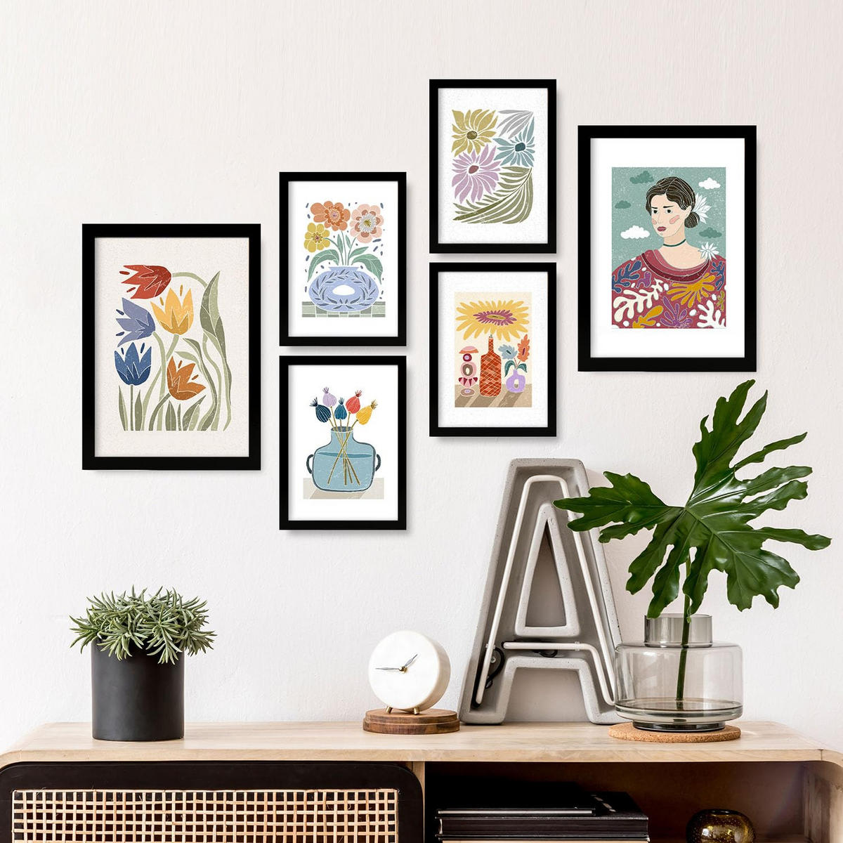 POSTER Set Mit 6 Drucken Garten In Ethnischendruckkollektionen Dekorative Rahmen Für Ihr Wohnzimmer Zuhause Wandkunstdruck A3 & A4 Schwarzer Rahmen - Schwarz, Papier (29/3cm) - Nacnic