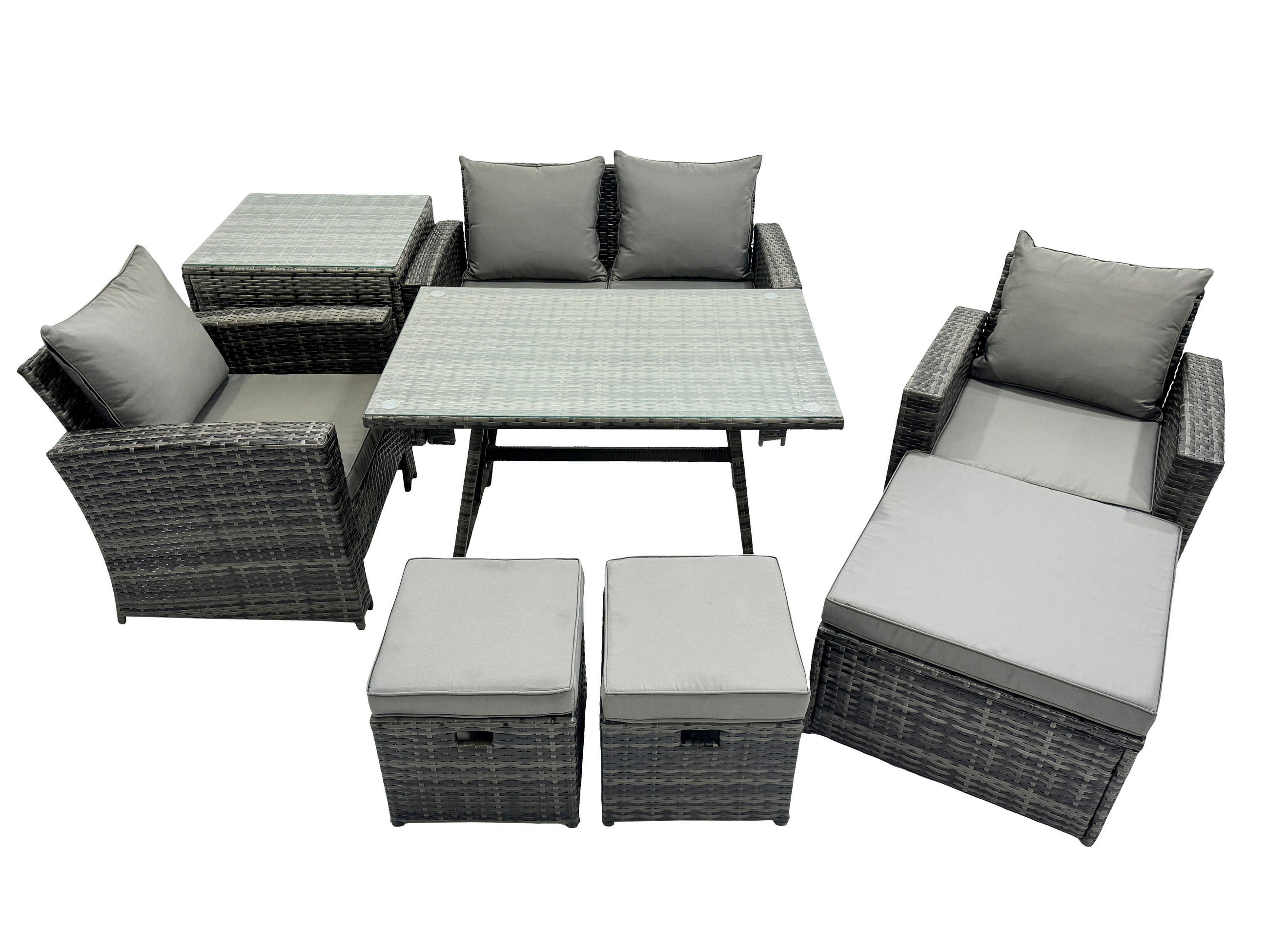 GARTENMÖBELSET mit ESSTISCH,HOCHLEHNER-SOFA Polyrattan Dunkelgrauer Mix 7-Sitzer - Dunkelgrau/Grau, Glas/Kunststoff - Fimous