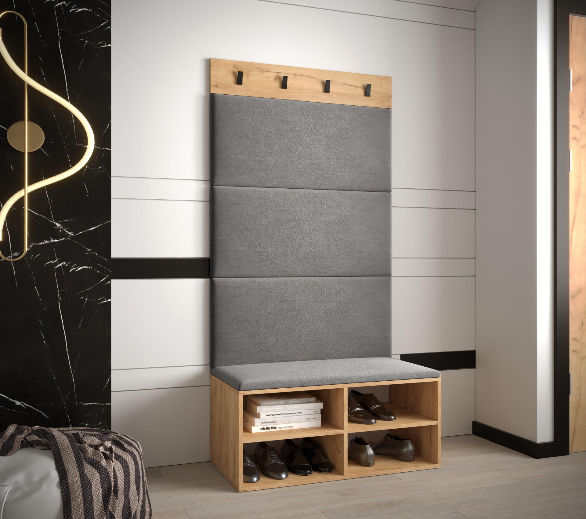 Thumbnail - Möbel Kryspol Garderoben-Set, Eiche, Grau, Holz, Nachbildung, 2-Sitzer, 2 Fächer, 84x184x42 cm, Garderobe, Garderoben-Se...