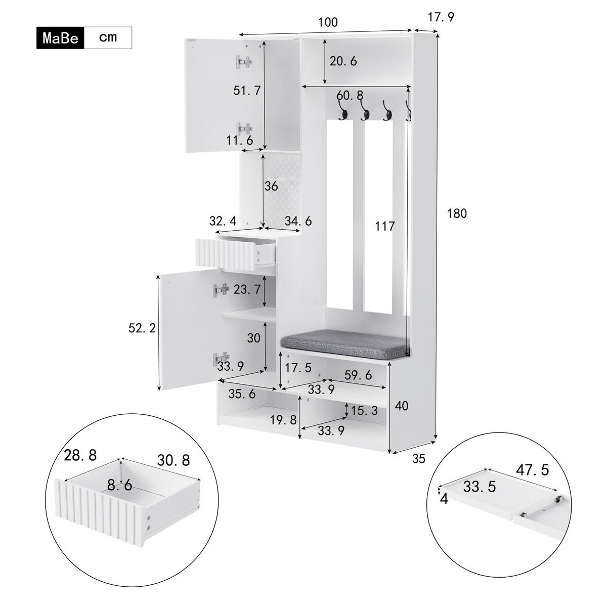 GARDEROBENSET mit Sitzbank 100 x 35 x 180 cm MDF Weiß - Weiß, Holzwerkstoff (35/180/100cm) - Beauniv