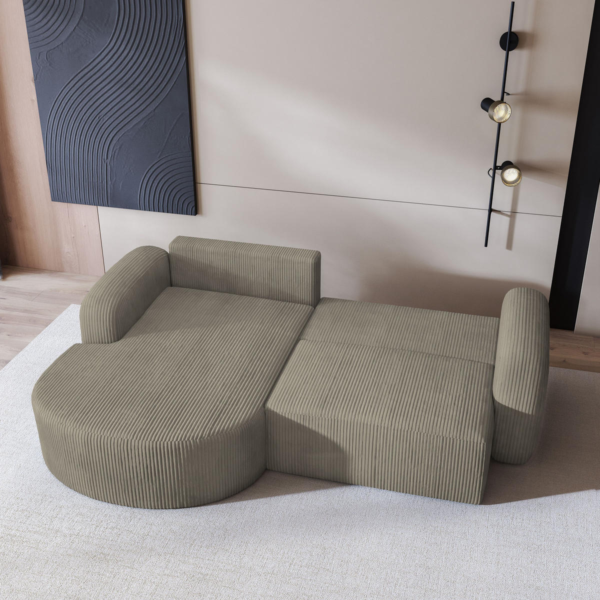 ECKSOFA AMILIA P L-S Beige Kordstoff mit Schlaffunktion - Beige, Holz (263/174cm) - MASSENO