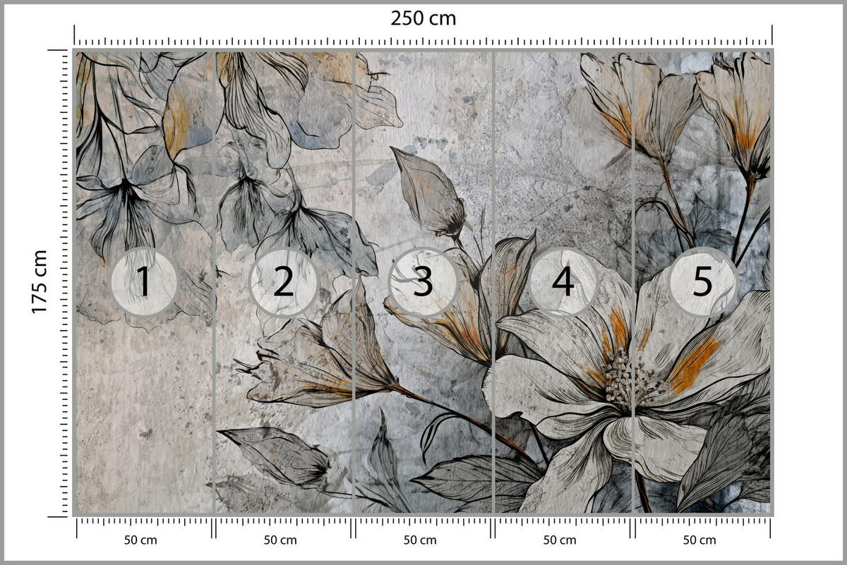 FOTOTAPETE für Büro Blumen Blätter Betongrund Vintage Pflanzen 250x175 - Grau, Papier (250/175cm) - Muralo
