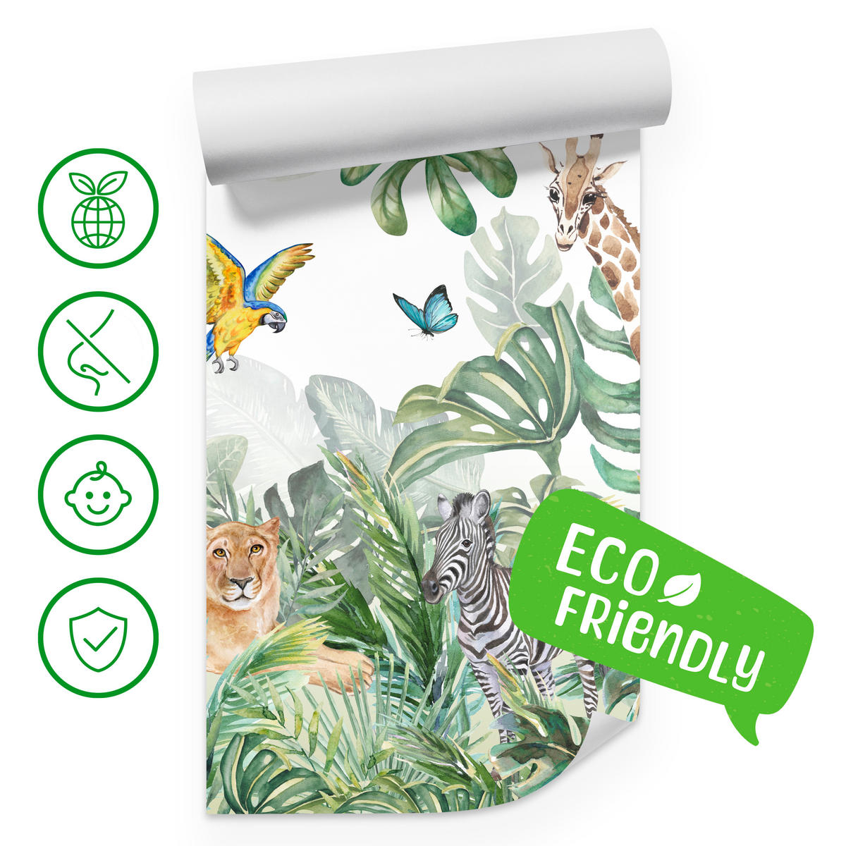 FOTOTAPETE für Kinderzimmer Tropen Dschungel Tiere Palmen Monstera 350x256 - Beige/Orange, Papier (350/256cm) - Muralo