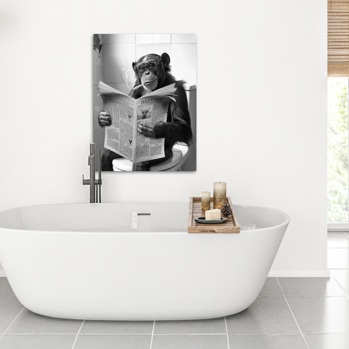 LEINWANDBILD Affe - WC - Zeitung - Schwarz-Weiß - Humor 50x70 cm - Hellgrau, Textil (50/70cm) - MuchoWow