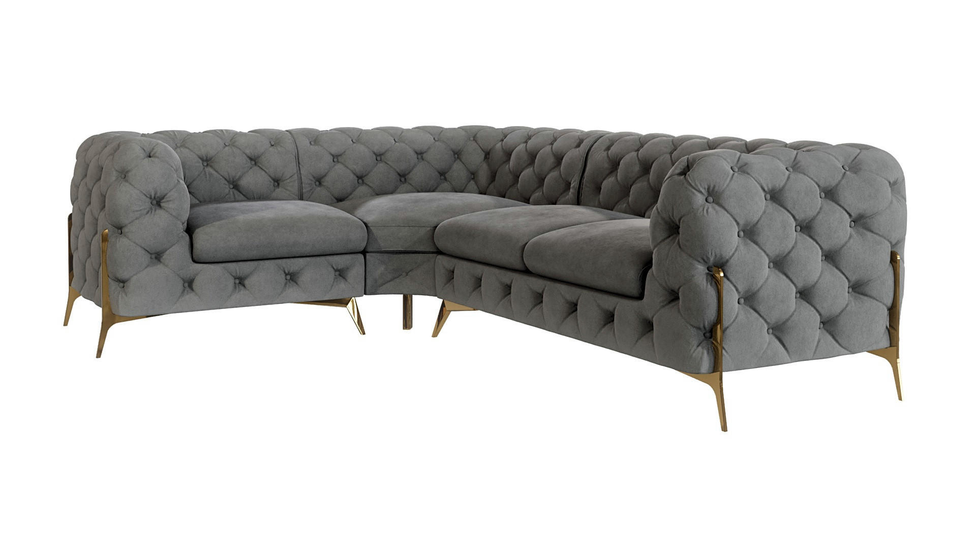 S-Style CHESTERFIELD ROHOVÁ SEDAČKA Lexi v šedé se zlatými nohami - otomán vlevo