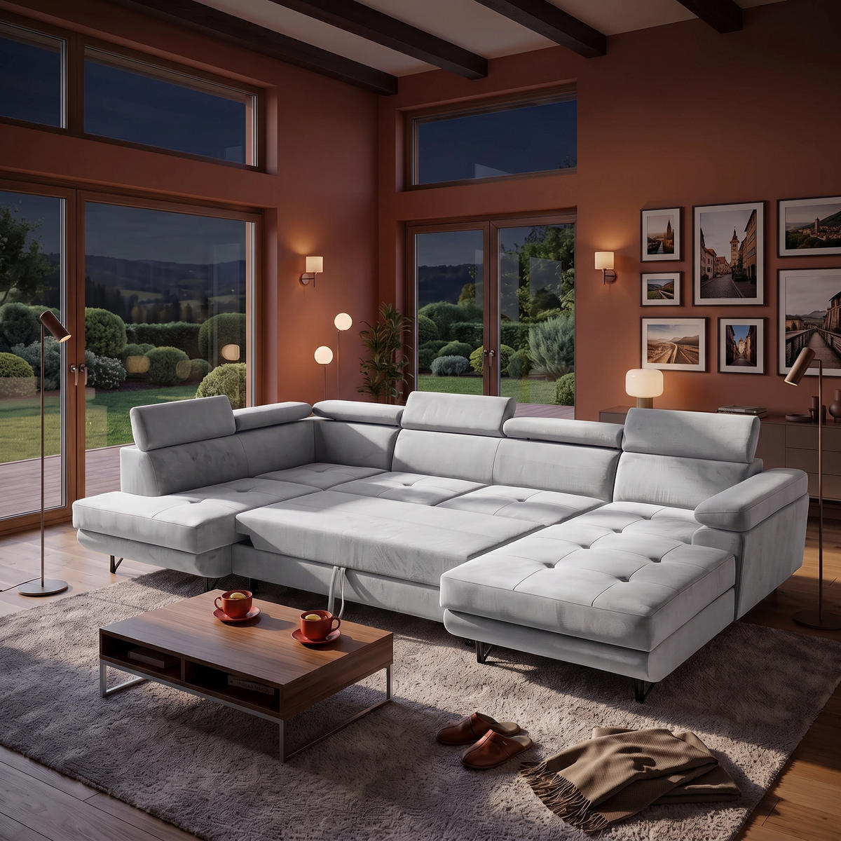 ECKSOFA U-Form JUNIOR U Links mit Schlaffunktion 128x254 Velours Grau - Schwarz/Grau, Holz/Textil (323/90/184cm) - Muffo