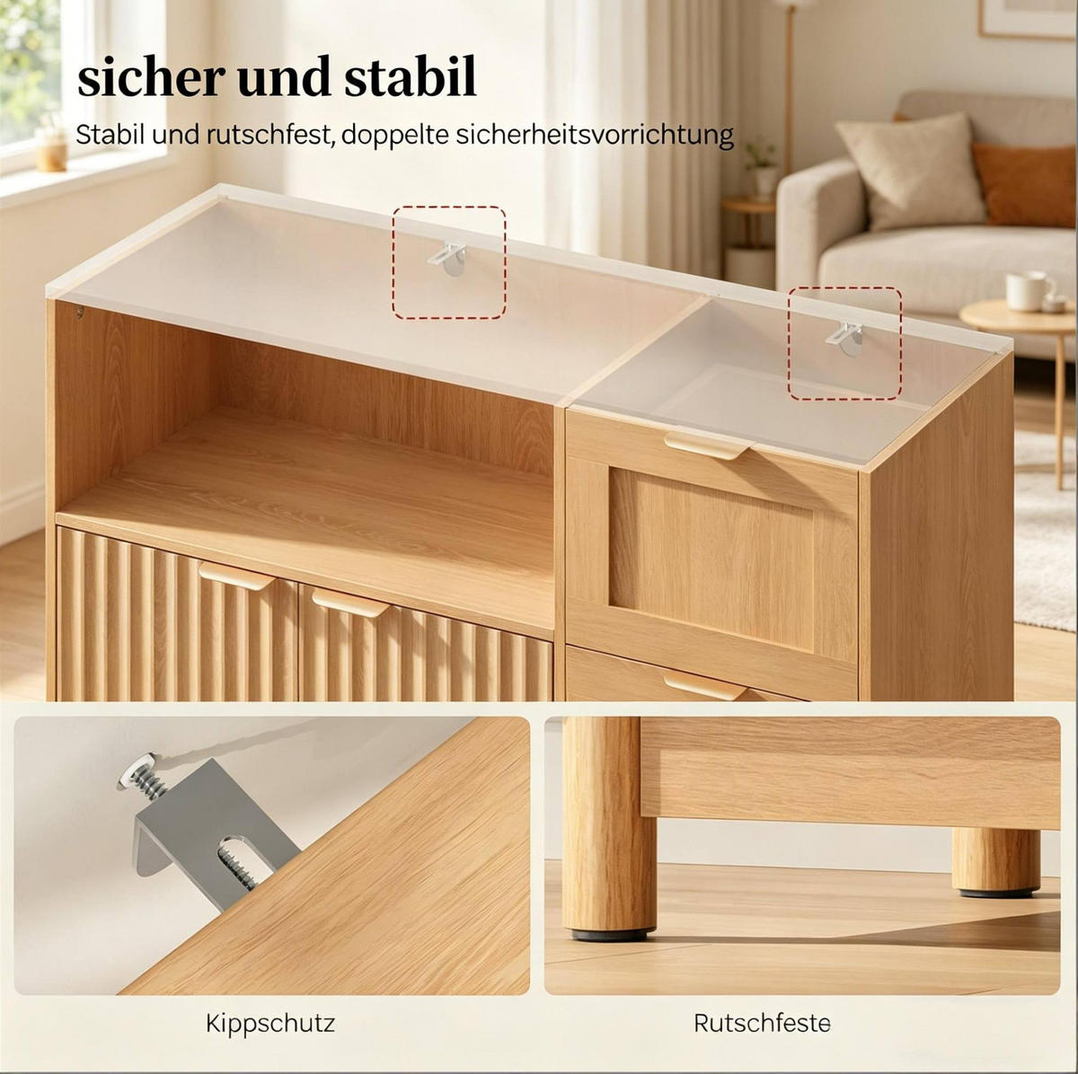 SIDEBOARD 90/35/80 cm in Holz-Optik mit Schubladen und verstellbarem Regal - Naturfarben, Holzwerkstoff (90/80/35cm) - BEAOK