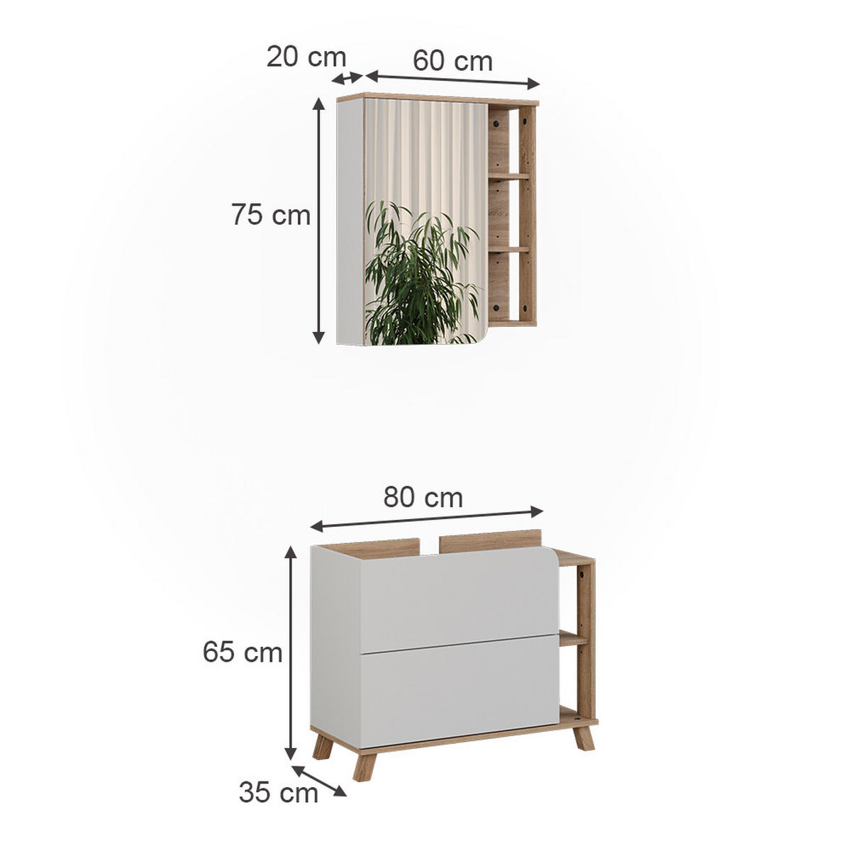SÚPRAVA KÚPEĽŇOVÉHO NÁBYTKU Karen, biely/Sonoma, 2 časti - biela/dub sonoma, kompozitné drevo (80/65/35cm) - Vicco