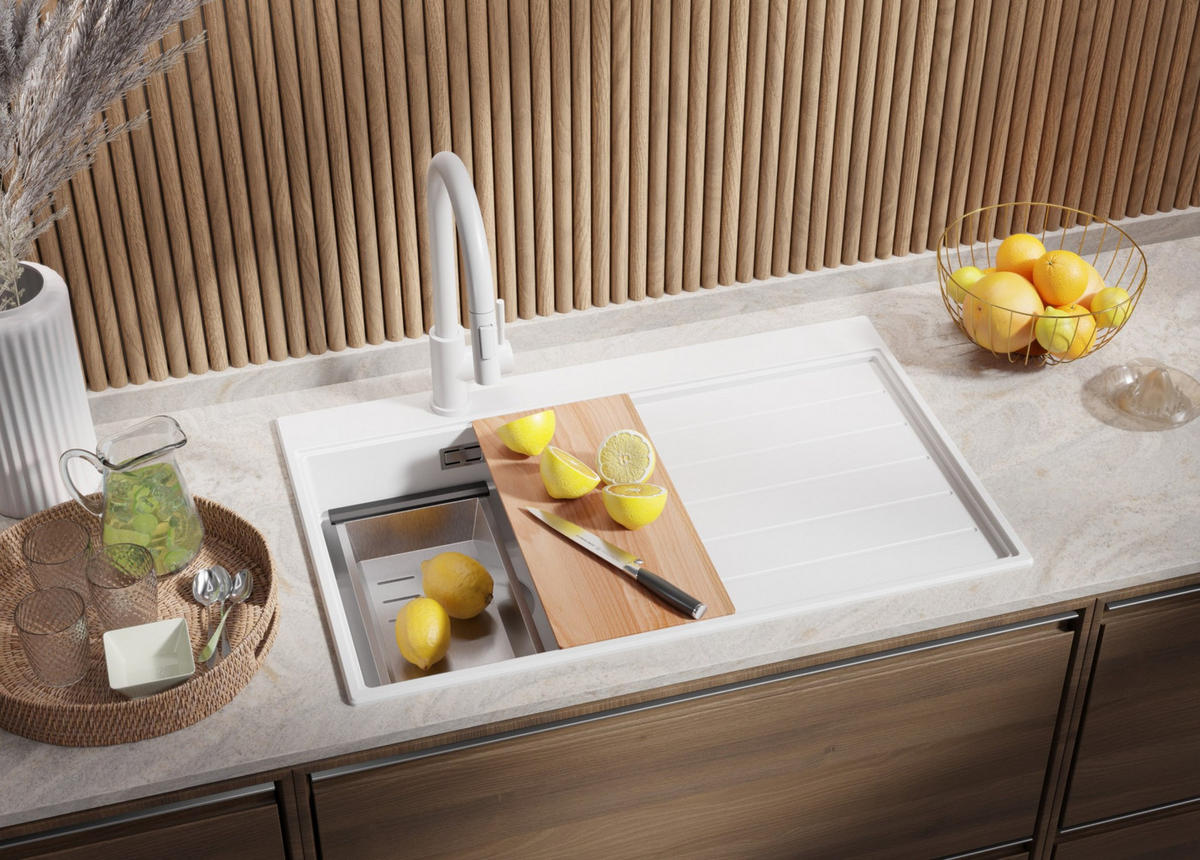 SPÜLBECKEN Sydney, 2-er set Weiß 78/50 cm 1 Becken + Ablauf-Set + Küchenzubehörset ab 45er Unterschrank - Chromfarben/Beige, Kunststoff (78/20/50cm) - Primagran