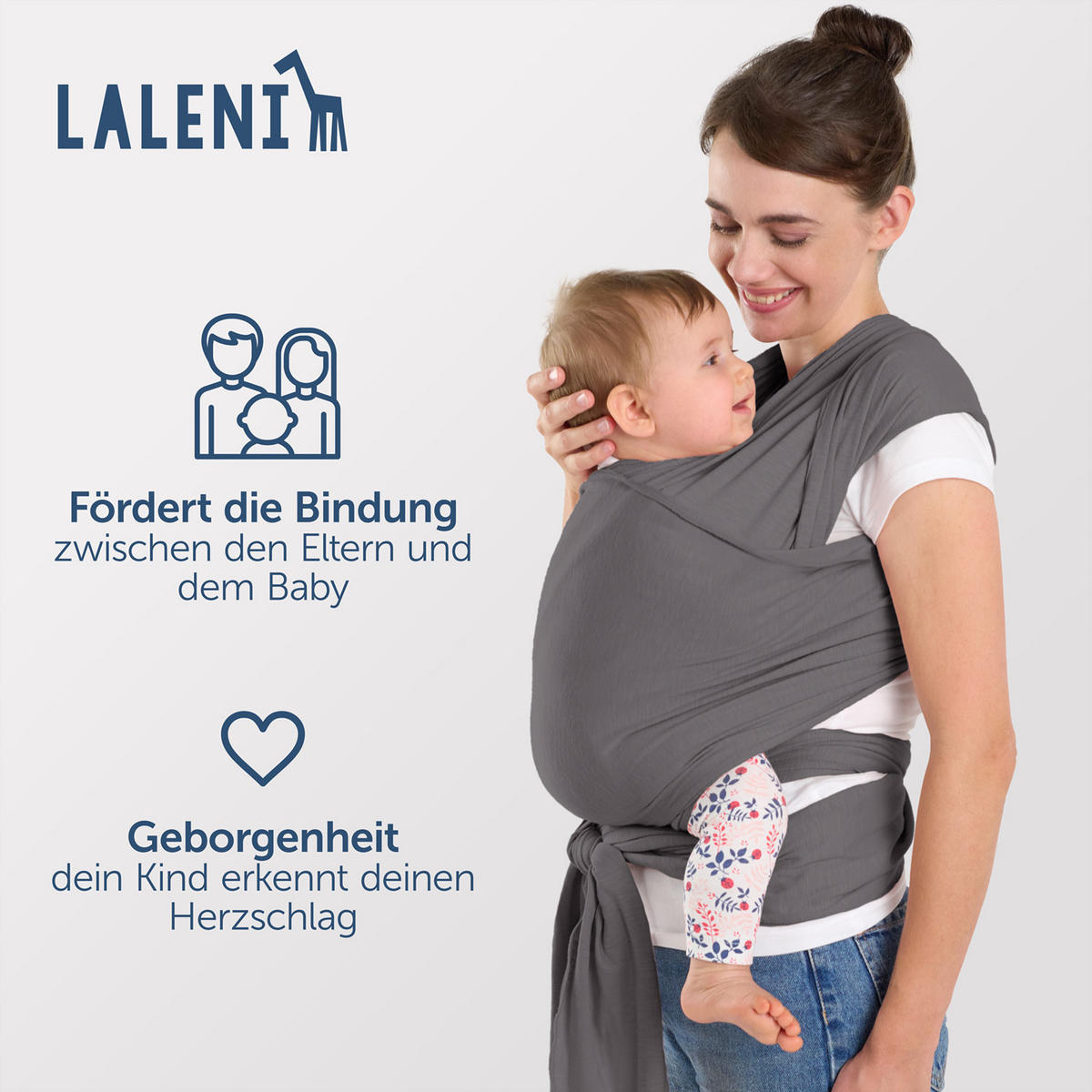 BABYTRAGEN für Neugeborene bis 15 kg - 100% Baumwolle (Ohne Elasthan) - Grau - Grau, Textil (60/5.1cm) - Laleni