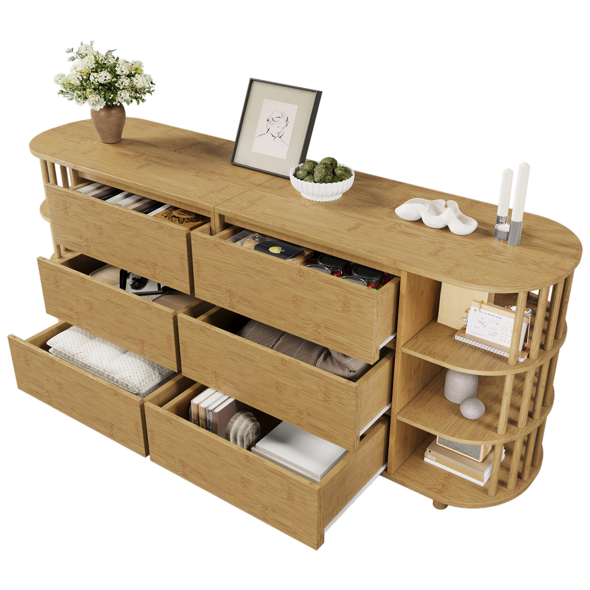 SIDEBOARD in Eiche-Optik mit 6 Schubladen, Bambusregalen und höhenverstellbaren Füßen, 160/40/75 cm,Eichefarben - Eichefarben, Holzwerkstoff (160/75/40cm) - Redom