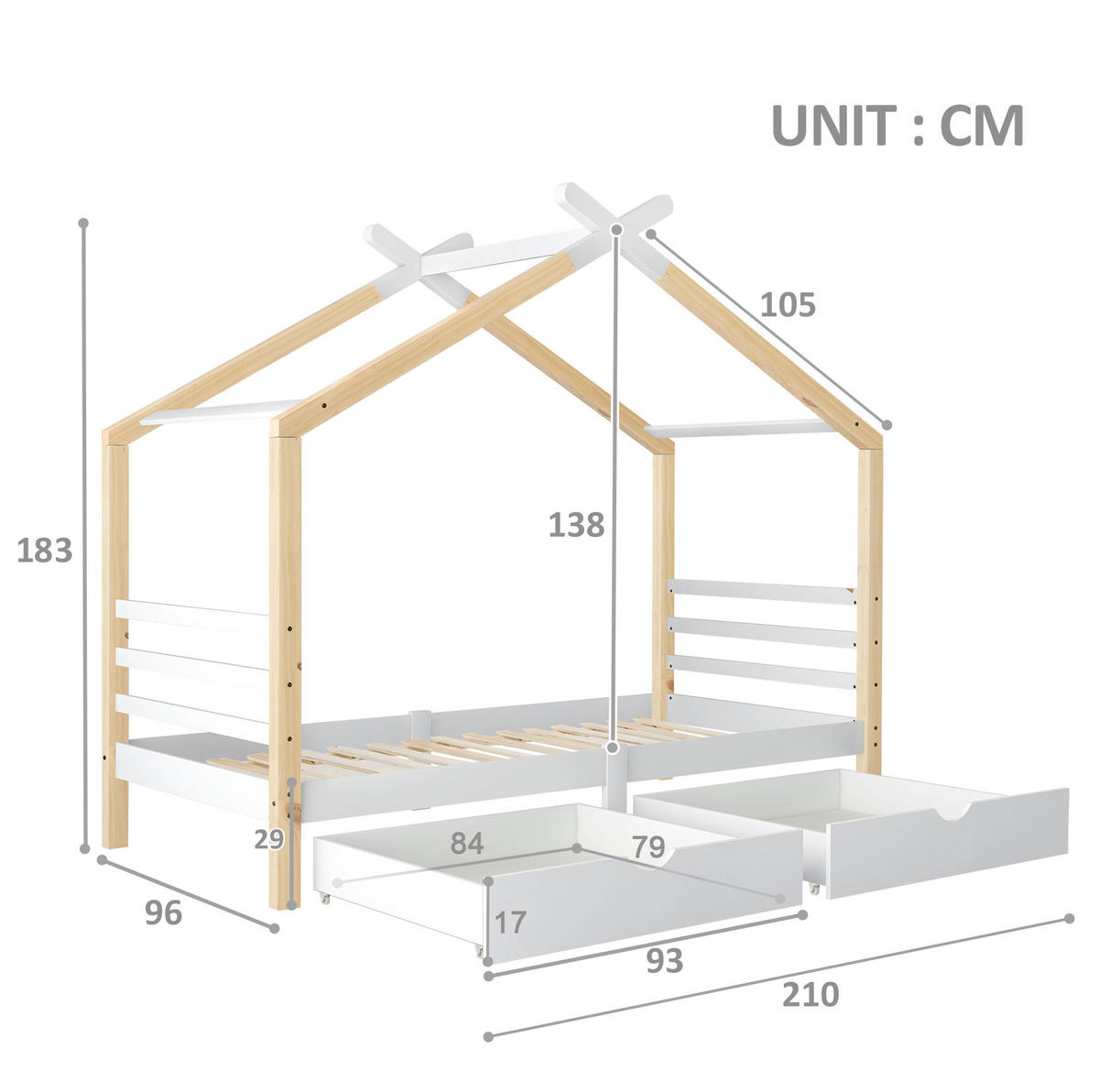 POSTELJA v obliki hiše 90/200 cm bela s predali iz masivnega bora in MDF - bela, les (90/200cm) - OKWISH