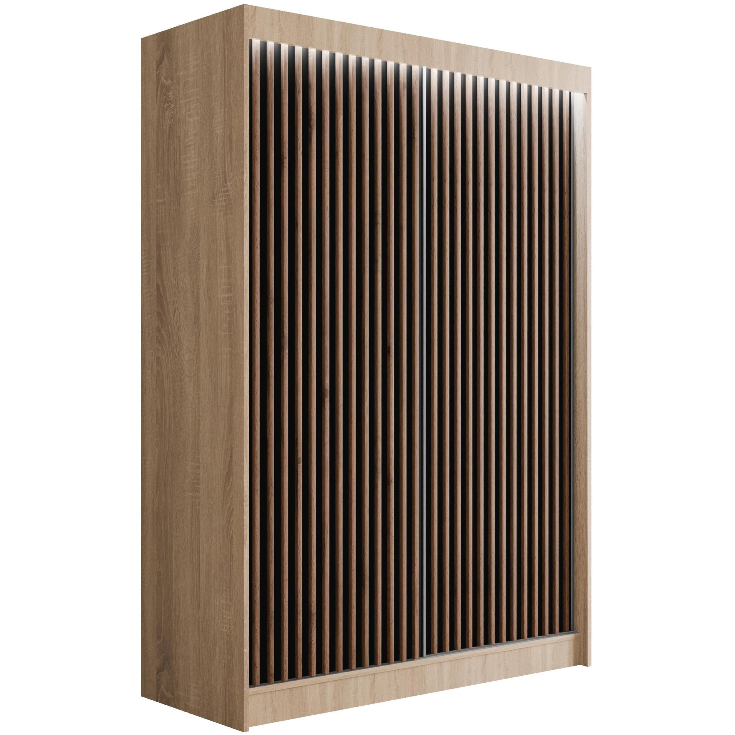KLEIDERSCHRANK mit LED, Lamel-Schiebetüren VILANv2 - 120 cm Sonoma Eiche + Lamelle Eiche Wotan - Eiche Wotan/Sonoma Eiche, Holzwerkstoff (120/215/61cm) - ALTDECOR