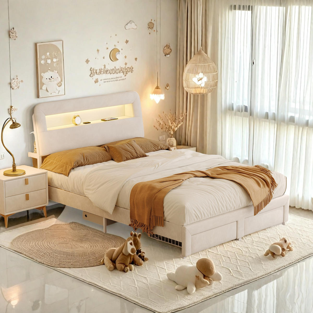 POLSTERBETT 140x200 cm Beige Samt LED USB 2 Schubladen - Beige, Metall (140/200cm) - SHOPENTRA