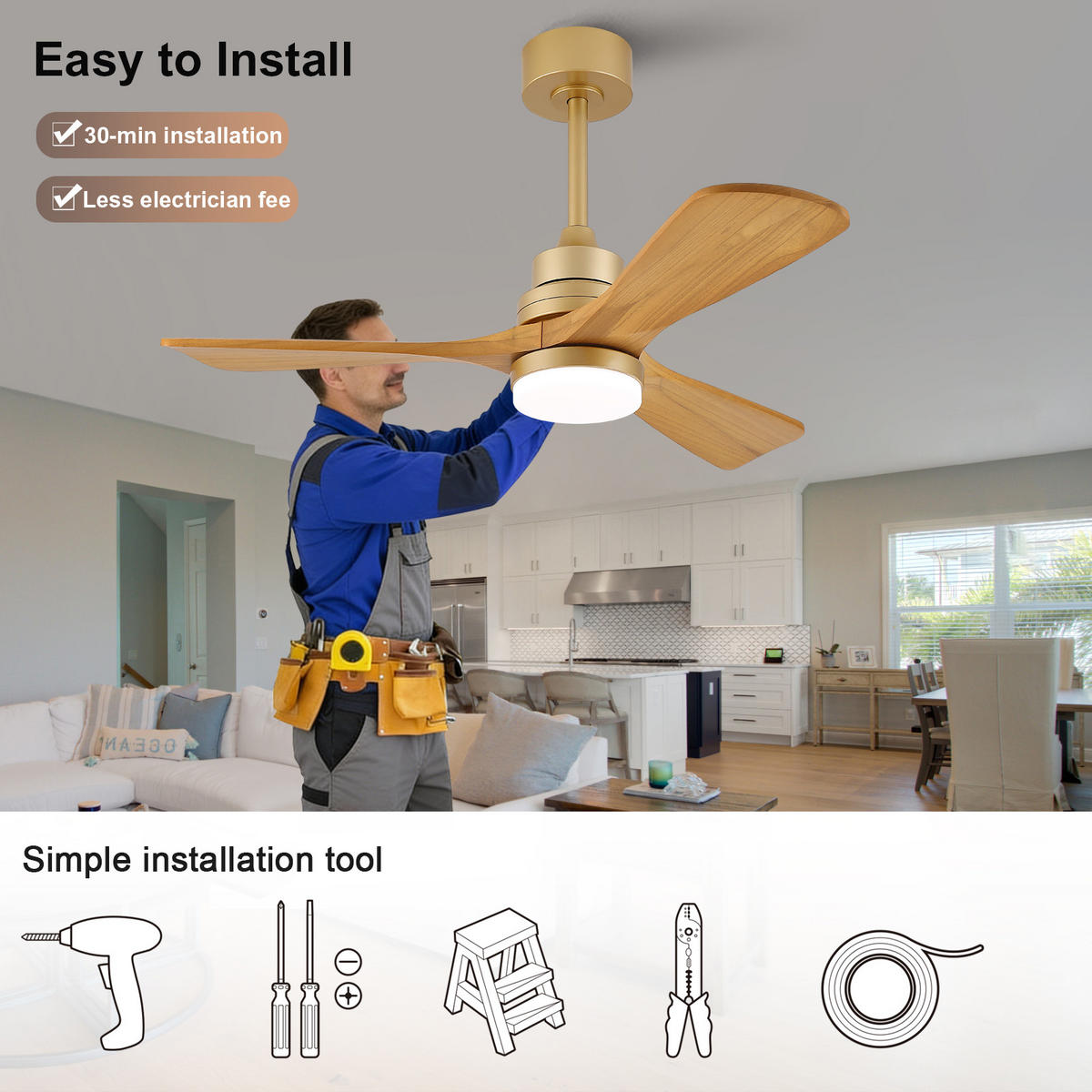 DECKENVENTILATOR 42Zoll Holz LED Licht Gold 3 Flügel Fernbedienung - Braun, Kunststoff (107/107/37cm) - CASIVA