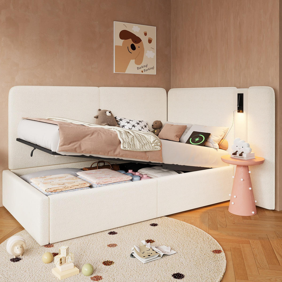 BETT 90/200 cm mit Bettkasten, USB-C-Anschluss und Leselampe, Bouclé Beige - Beige, Textil (90/200cm) - BEAOK