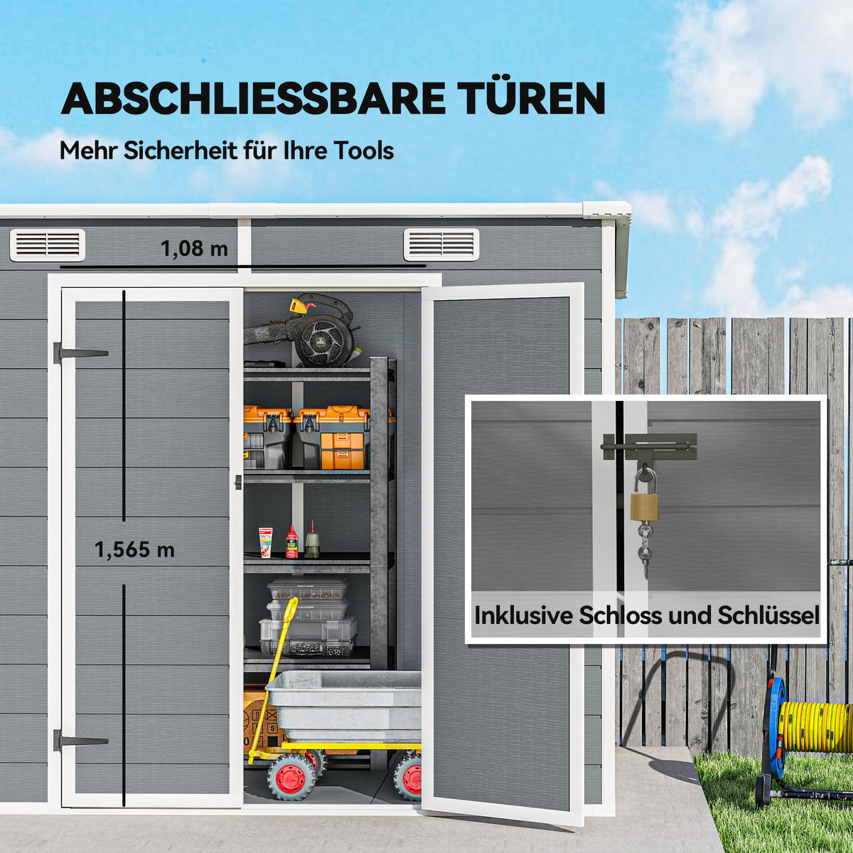 GERÄTEHAUS 2,54m², Wasserdicht Gartenhaus mit Pultdach, 238 x 125 x 183/165 cm - Grau, Kunststoff (125/183/238cm) - Outsunny