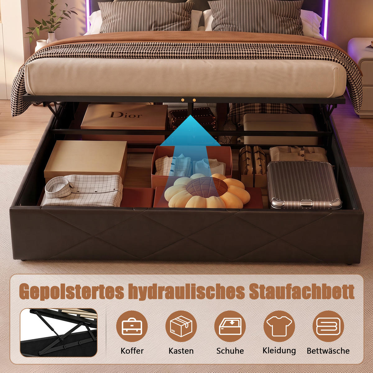 POLSTERBETT 140/200 cm,Stauraumbett mit Bettkasten LED USB und Lattenrost - Grau, Holz/Textil (140/200cm) - PARAFTA HOME