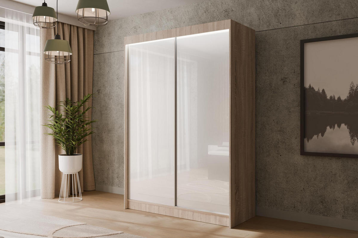KLEIDERSCHRANK PEKA mit LED - 150 cm - Sonoma Eiche|Weiß - Weiß/Sonoma Eiche, Holzwerkstoff (150/215/61cm) - ALTDECOR