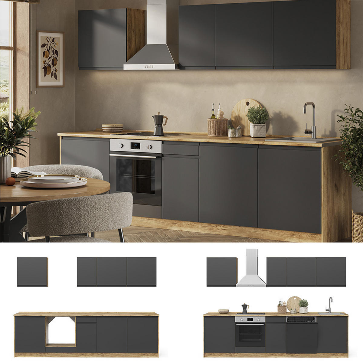 KÜCHENZEILE R-Line, Anthrazit/Goldkraft Eiche, 280 cm Arbeitsplatte Weiß - Eichefarben/Anthrazit, Holzwerkstoff (280/206.8/60cm) - Vicco
