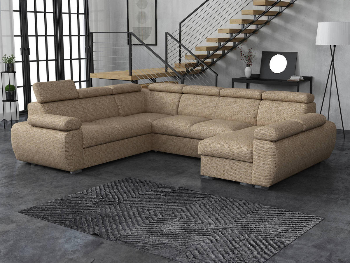 WOHNLANDSCHAFT Boston U, Seite: Rechts - 2R+R+2P+LC - Chromfarben/Beige, Holz/Textil (325/98/260cm) - MIRJAN24