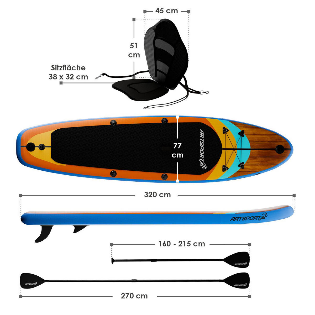 STAND UP Paddle Board Beach Rocker aufblasbar mit Kajak-Set - Orange, Kunststoff (320/77/15cm) - Artsport