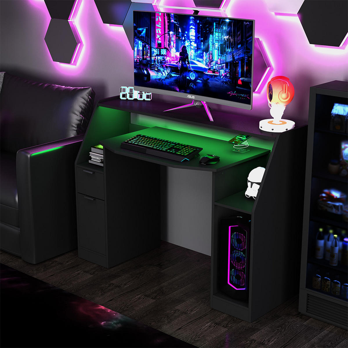 GAMING-TISCH Tails Schwarz 123 x 45 cm mit LED & QI - Schwarz, Holzwerkstoff (45/123/90.5cm) - Vicco