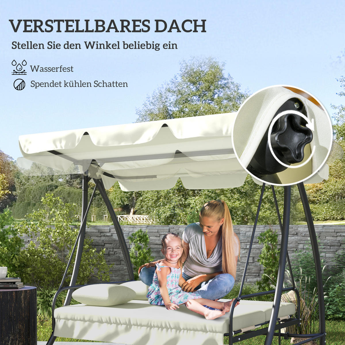 HOLLYWOODSCHAUKEL aus Metall 200x125x170 cm in Beige mit Liegefunktion & verstellbarem Dach - Beige, Metall (125/170/200cm) - Modfu