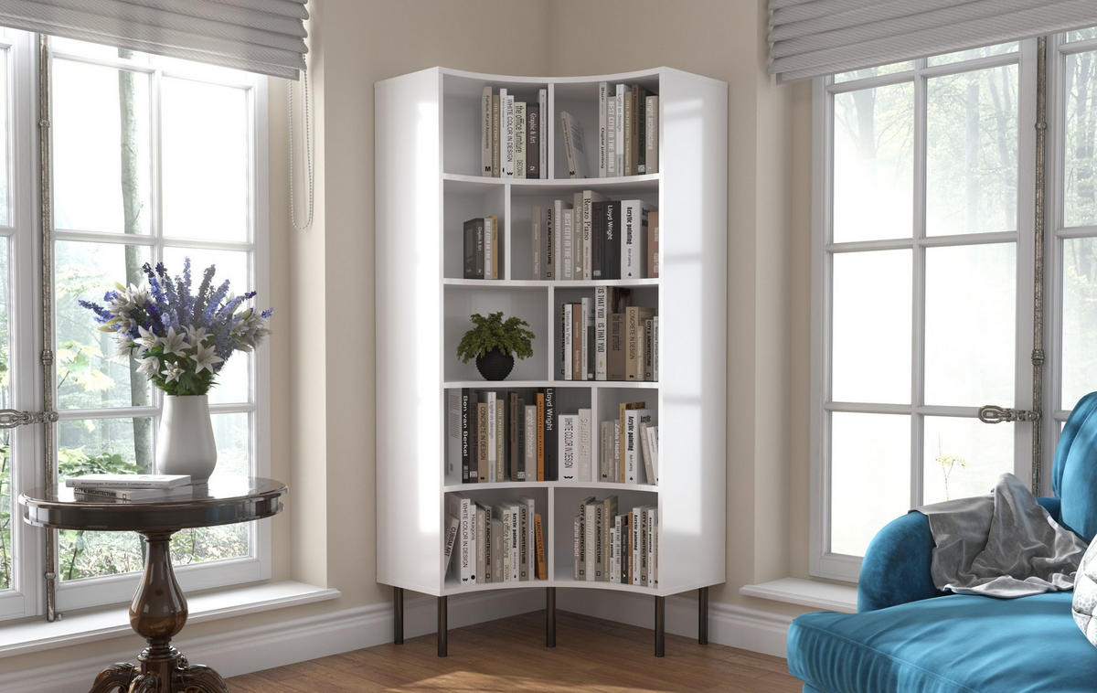 BÜCHERREGAL Horn, Weiß, Bogenform, 10 Fächern, 80 cm - Schwarz/Weiß, Holzwerkstoff/Metall (80/181/32cm) - Skandica
