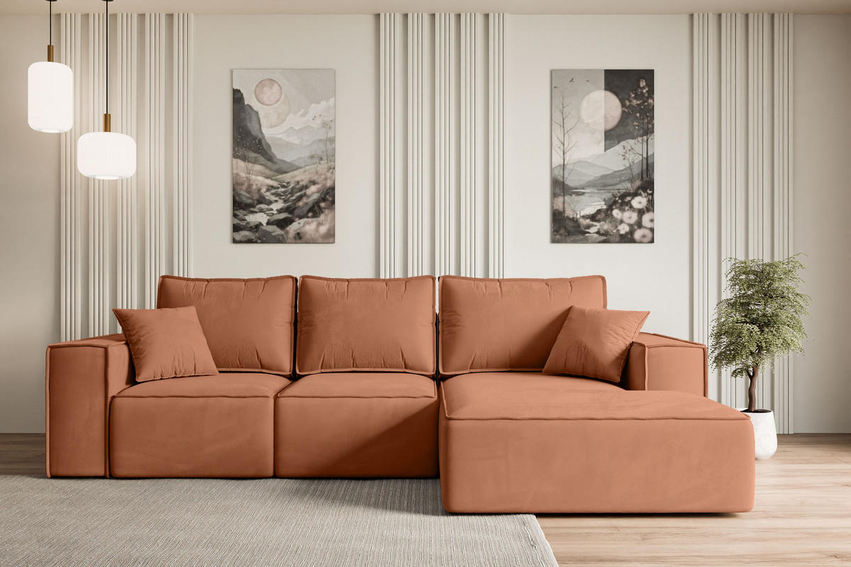 ECKSOFA mit Schlaffunktion und Bettkasten SERRA-L-S - 266x161x87 cm Apricot Velours - Koralle/Schwarz, Holzwerkstoff/Kunststoff (266/161cm) - ALTDECOR