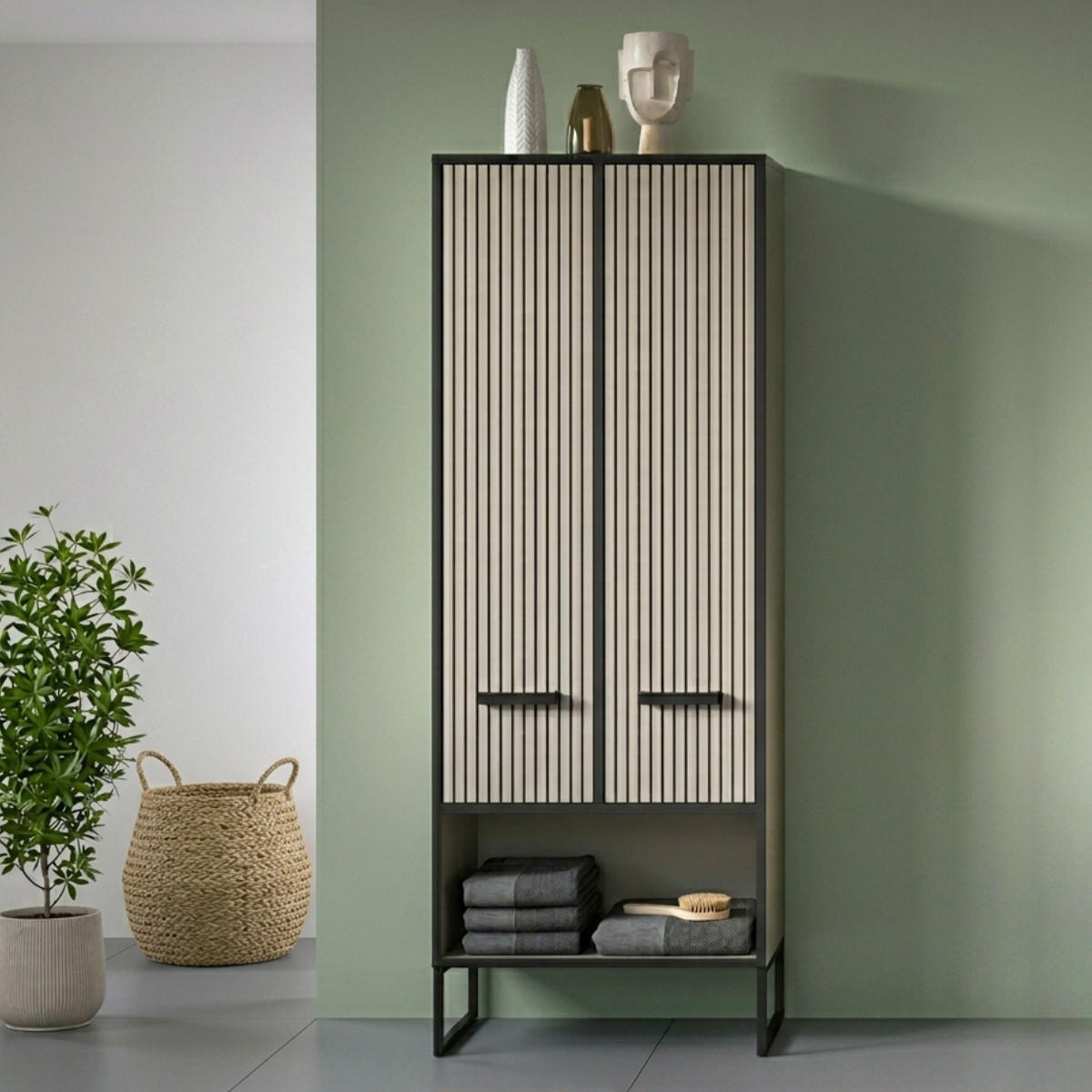 BADEZIMMERSCHRANK mit 2 Türen und 2 Nischen, Kaschmir 32/159/59 cm - Beige, Holzwerkstoff (32/159/38cm) - Calicosy