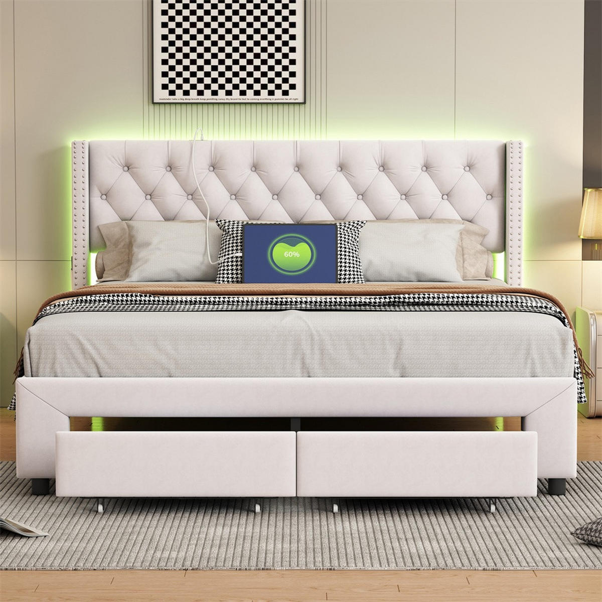 POLSTERBETT 180x200 cm mit LED-Beleuchtung - mit USB-Ports, Seitentaschen und 2 Schubladen - Kopfteil im Nieten-Design - Beige, Textil (180/200cm) - DELFA